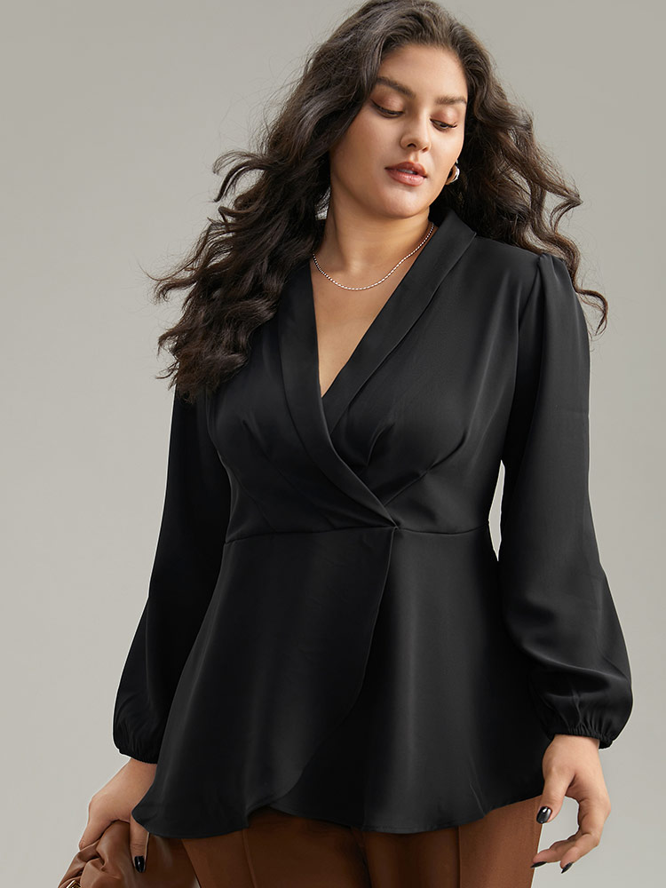 

Plus Size Black Static-Free Plain Pleated Wrap Blouse Women Office Long Sleeve V-neck Dailywear Blouses BloomChic