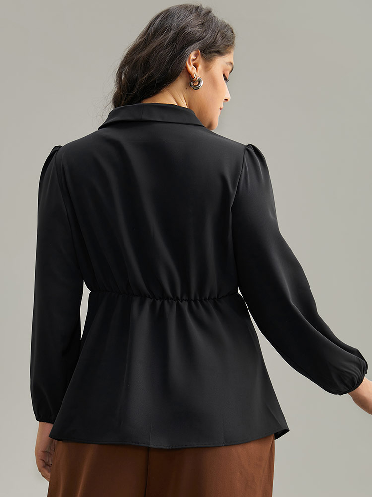Plus Size Black Static-Free Plain Pleated Wrap Blouse Women Office Long Sleeve V-neck Dailywear Blouses BloomChic 12/L 