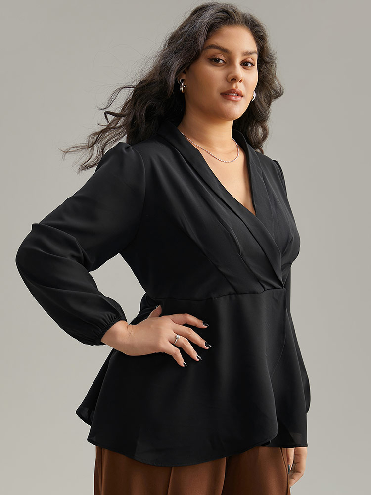 Plus Size Black Static-Free Plain Pleated Wrap Blouse Women Office Long Sleeve V-neck Dailywear Blouses BloomChic 12/L 