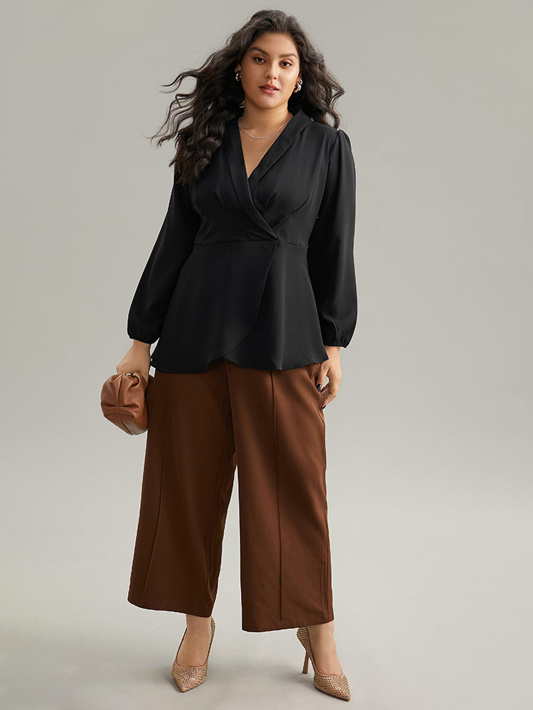 Plus Size Black Static-Free Plain Pleated Wrap Blouse Women Office Long Sleeve V-neck Dailywear Blouses BloomChic 12/L 
