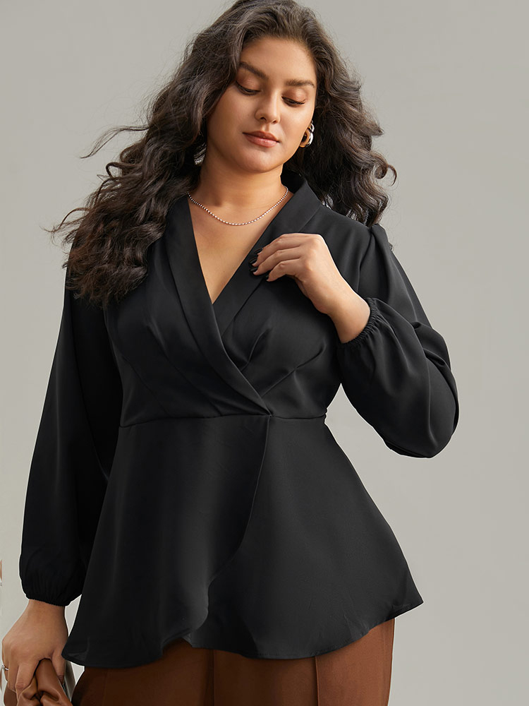 Plus Size Black Static-Free Plain Pleated Wrap Blouse Women Office Long Sleeve V-neck Dailywear Blouses BloomChic 12/L 