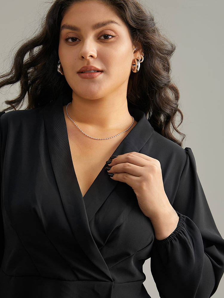 Plus Size Black Static-Free Plain Pleated Wrap Blouse Women Office Long Sleeve V-neck Dailywear Blouses BloomChic 12/L 