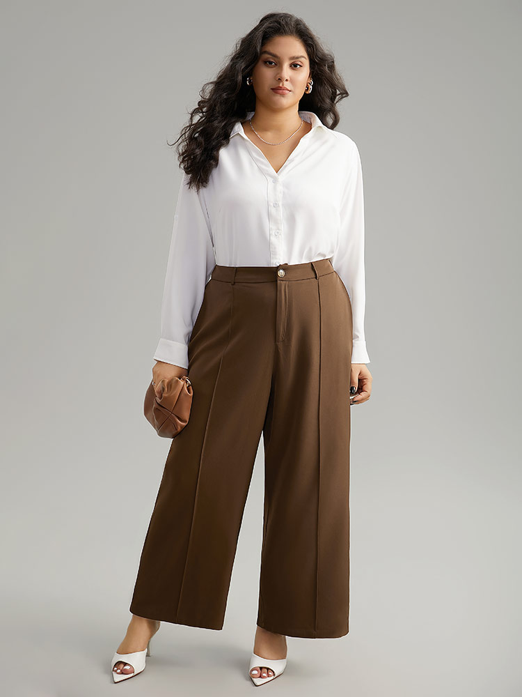 

Plus Size Static-Free Plain Pocket Pleated Pants Women DarkBrown Office Straight Leg High Rise Work Pants BloomChic