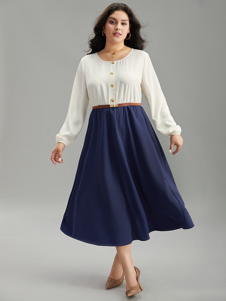 Plus Size Women Dailywear Colorblock Elastic cuffs Regular Sleeve Long Sleeve Round Neck Pocket Elegant Dresses BloomChic 