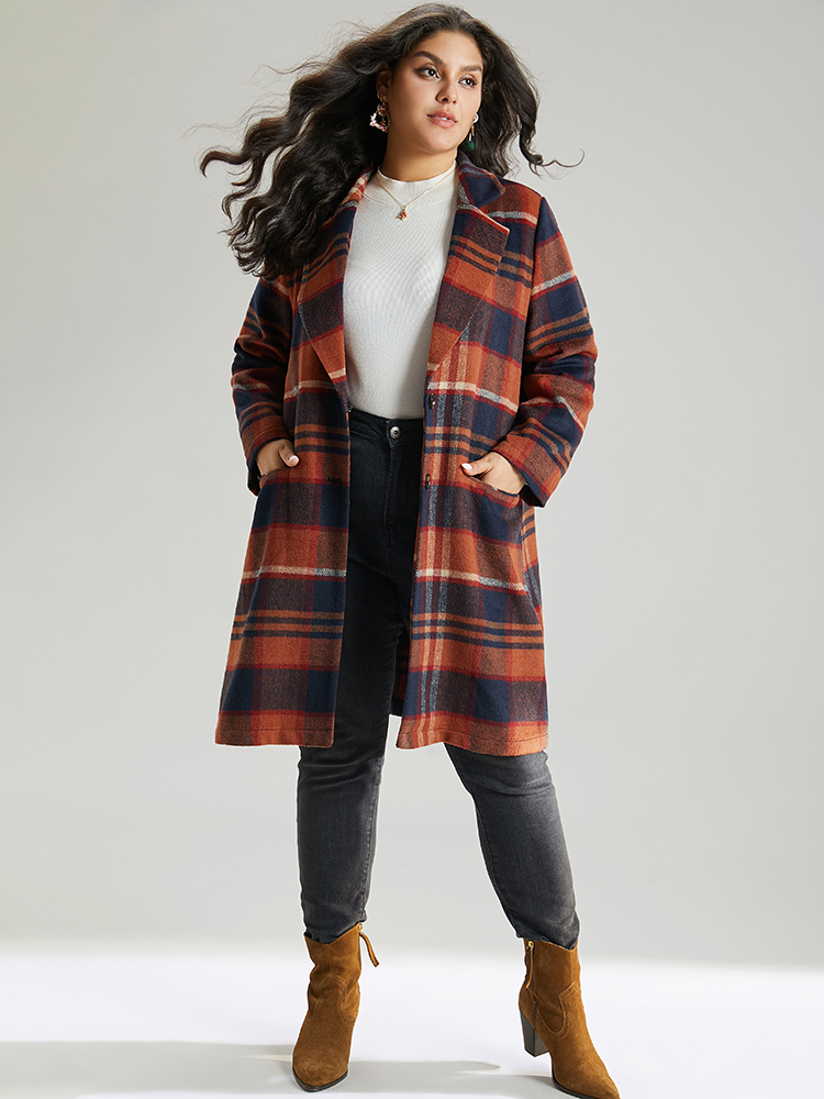 

Plus Size Lapel Collar Plaid Pocket Button Up Coat Women OrangeRed Casual Contrast Ladies Dailywear Winter Coats BloomChic