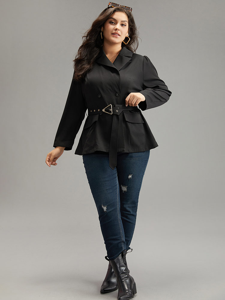 

Plus Size Solid Suit Collar Buckle Detail Belted Blazer Black Women Work Plain Plain Sleeve Long Sleeve Suit Collar  Belt At the Office Blazers BloomChic