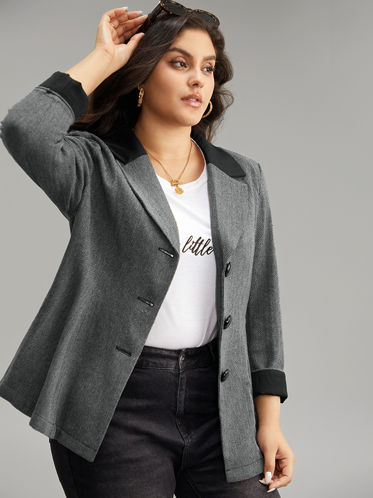 Plus Size Patchwork Contrast Button Up Blazer Black Women Dailywear Plain Contrast Sleeve Long Sleeve Suit Collar 22-24/3X Casual Blazers BloomChic 