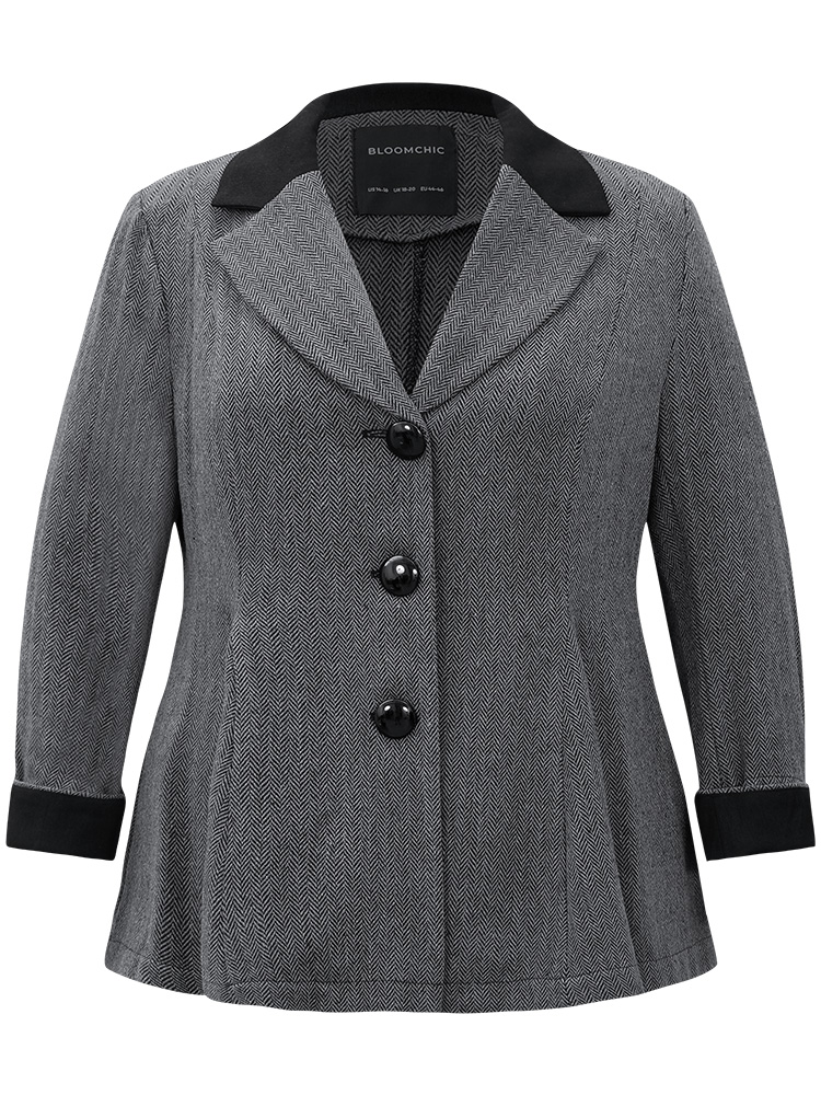 Plus Size Patchwork Contrast Button Up Blazer Black Women Dailywear Plain Contrast Sleeve Long Sleeve Suit Collar 22-24/3X Casual Blazers BloomChic 