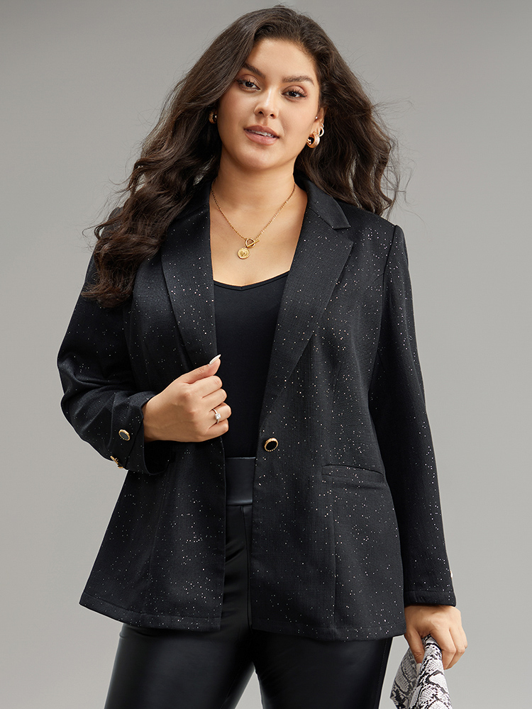 

Plus Size Glitter Suit Collar Button Detail Blazer Black Women Work Plain Plain Sleeve Long Sleeve Suit Collar  Pocket At the Office Blazers BloomChic