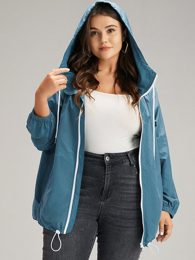 

Plus Size Zipper Fly Hooded Drawstring Hem Pocket Windbreaker Women Cyan Zipper Pocket Dailywear Jackets BloomChic