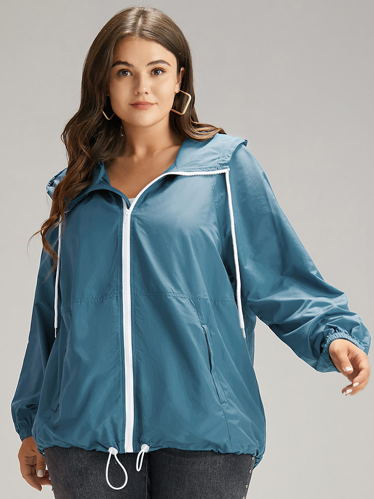 

Plus Size Zipper Fly Hooded Drawstring Hem Pocket Windbreaker Women Cyan Zipper Pocket Dailywear Jackets BloomChic