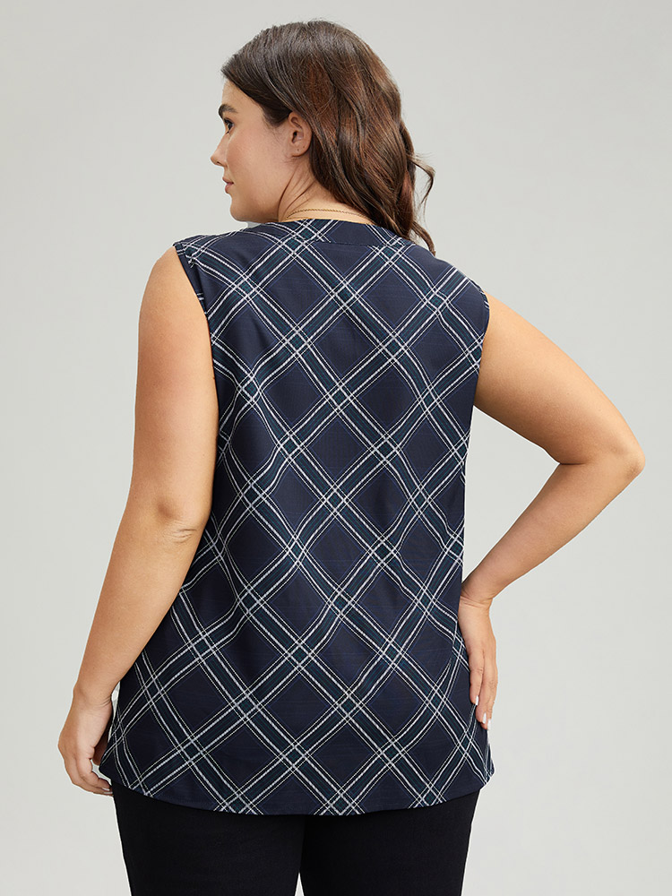 Plus Size Argyle Plaid Notched Tank Top Women Indigo Casual Contrast Notched collar Festival-Christmas Tank Tops Camis BloomChic 30/6X 