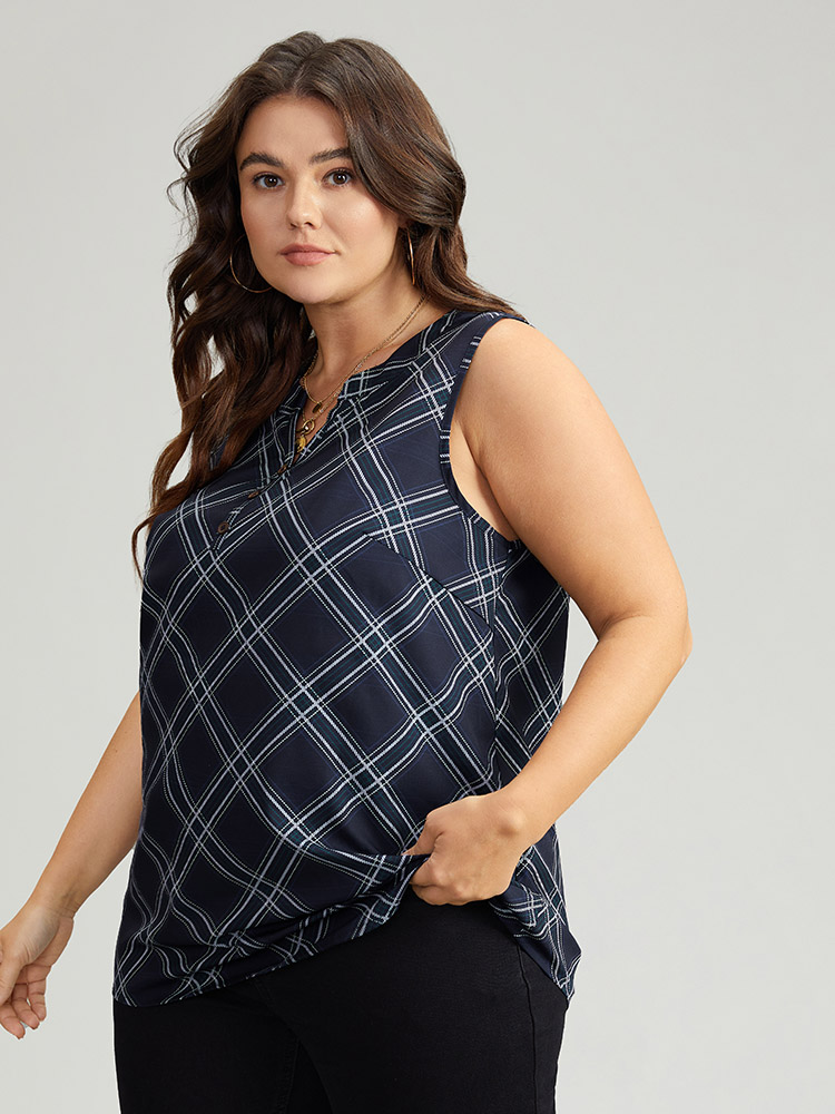 Plus Size Argyle Plaid Notched Tank Top Women Indigo Casual Contrast Notched collar Festival-Christmas Tank Tops Camis BloomChic 30/6X 