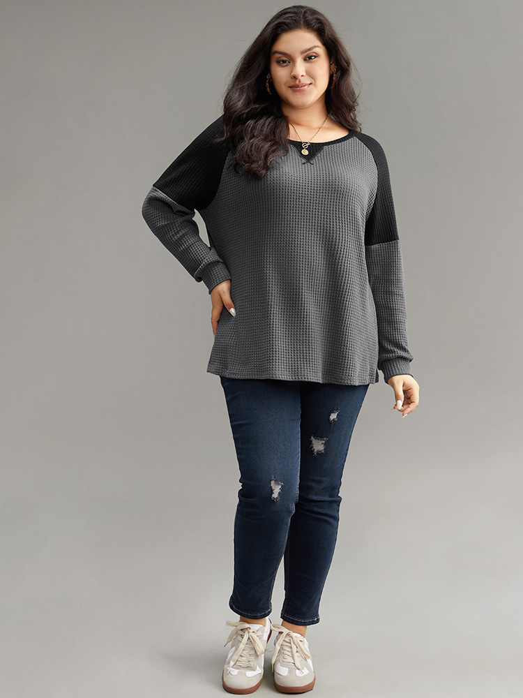 

Plus Size Waffle Knit Contrast Patchwork T-shirt Gray Women Casual Contrast Plain Round Neck Everyday T-shirts BloomChic