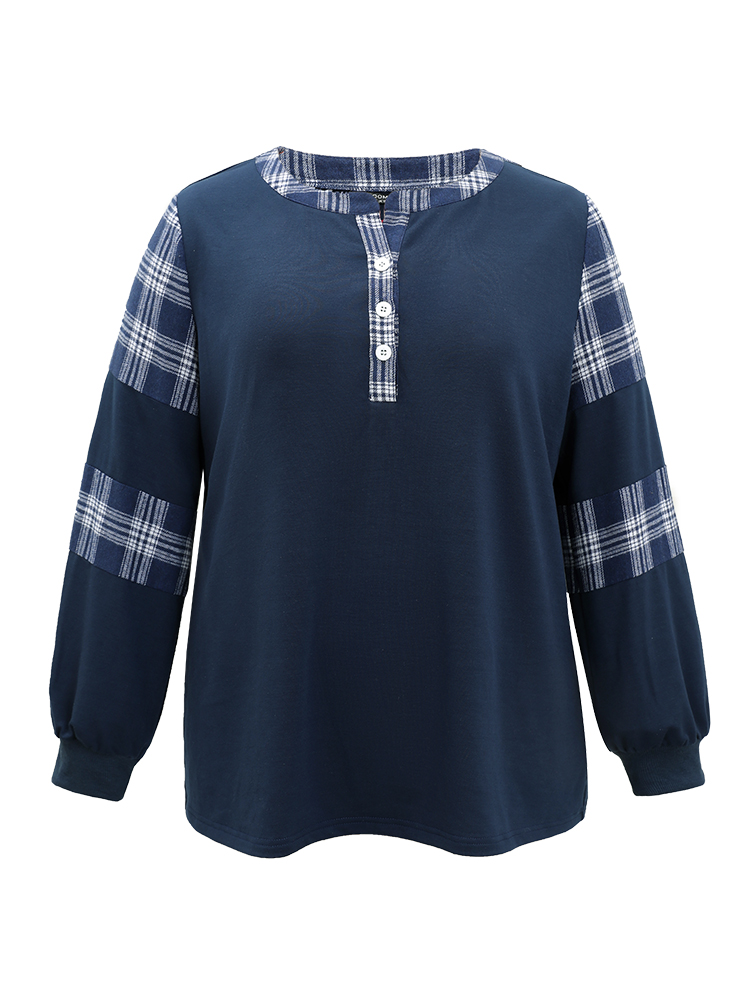 

Plus Size Plaid Patchwork Button Up Rib Knit Sweatshirt Women Indigo Casual Elastic cuffs Open Front Dailywear Sweatshirts BloomChic