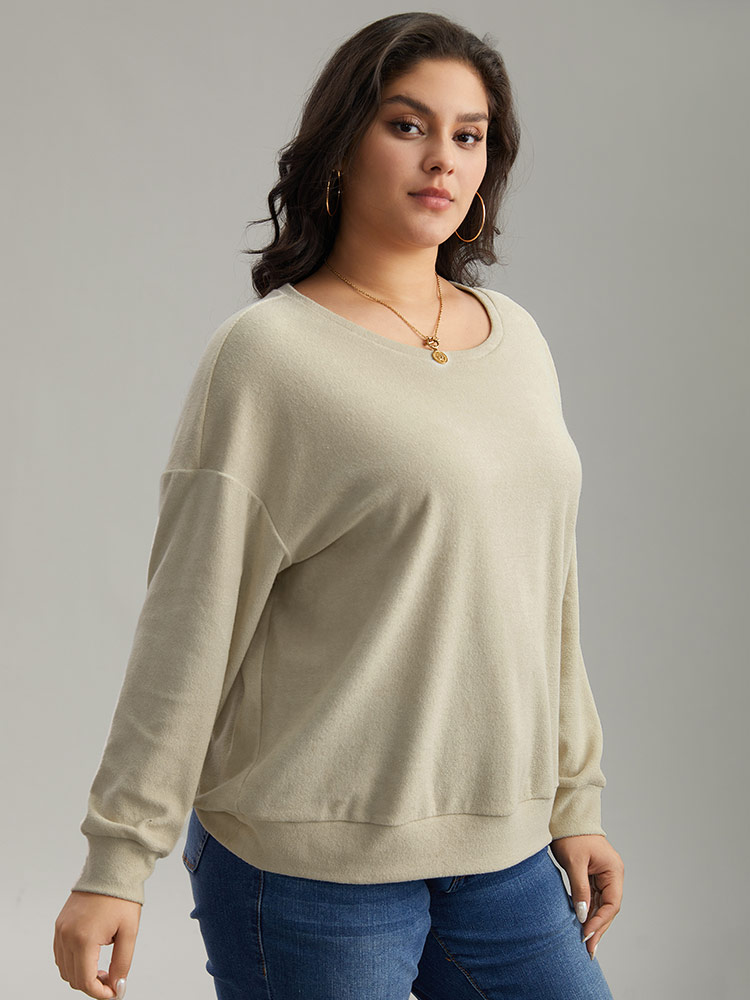 

Plus Size Heather Plisse Elastic Hem Sweatshirt Women Beige Casual Texture Round Neck Dailywear Sweatshirts BloomChic