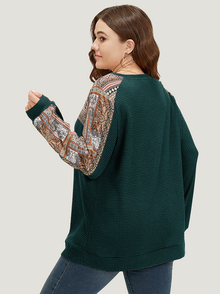 Plus Size Boho Print Patchwork Waffle Knit Crew Neck Sweatshirt Women DarkGreen Casual Elastic cuffs Round Neck Dailywear Sweatshirts BloomChic 22-24/3X 