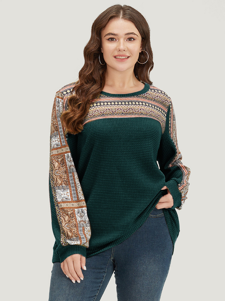 Plus Size Boho Print Patchwork Waffle Knit Crew Neck Sweatshirt Women DarkGreen Casual Elastic cuffs Round Neck Dailywear Sweatshirts BloomChic 22-24/3X 