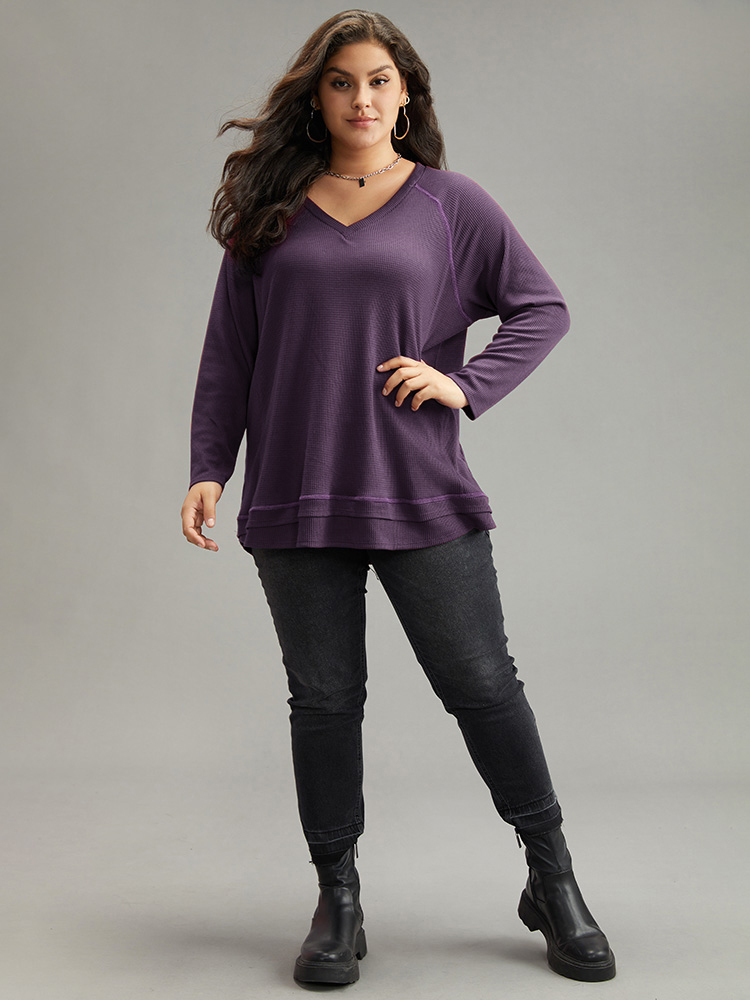 

Plus Size Plain Textured Stitch Raglan Sleeve Sweatshirt Women Eggplant Casual Plain V-neck Everyday Sweatshirts BloomChic