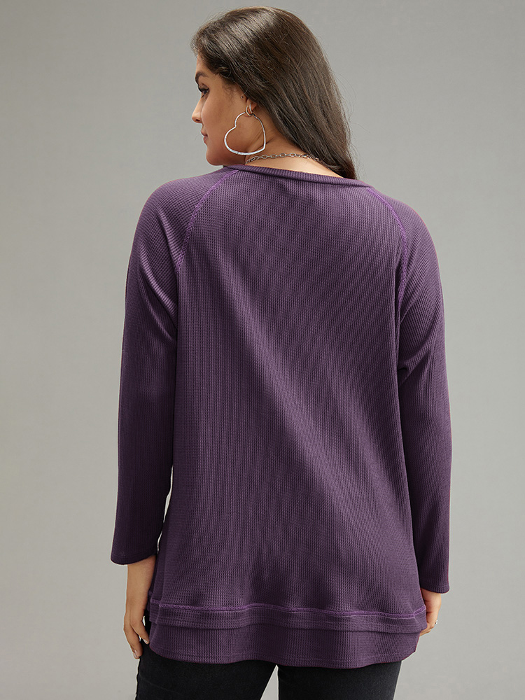 

Plus Size Plain Textured Stitch Raglan Sleeve Sweatshirt Women Eggplant Casual Plain V-neck Everyday Sweatshirts BloomChic