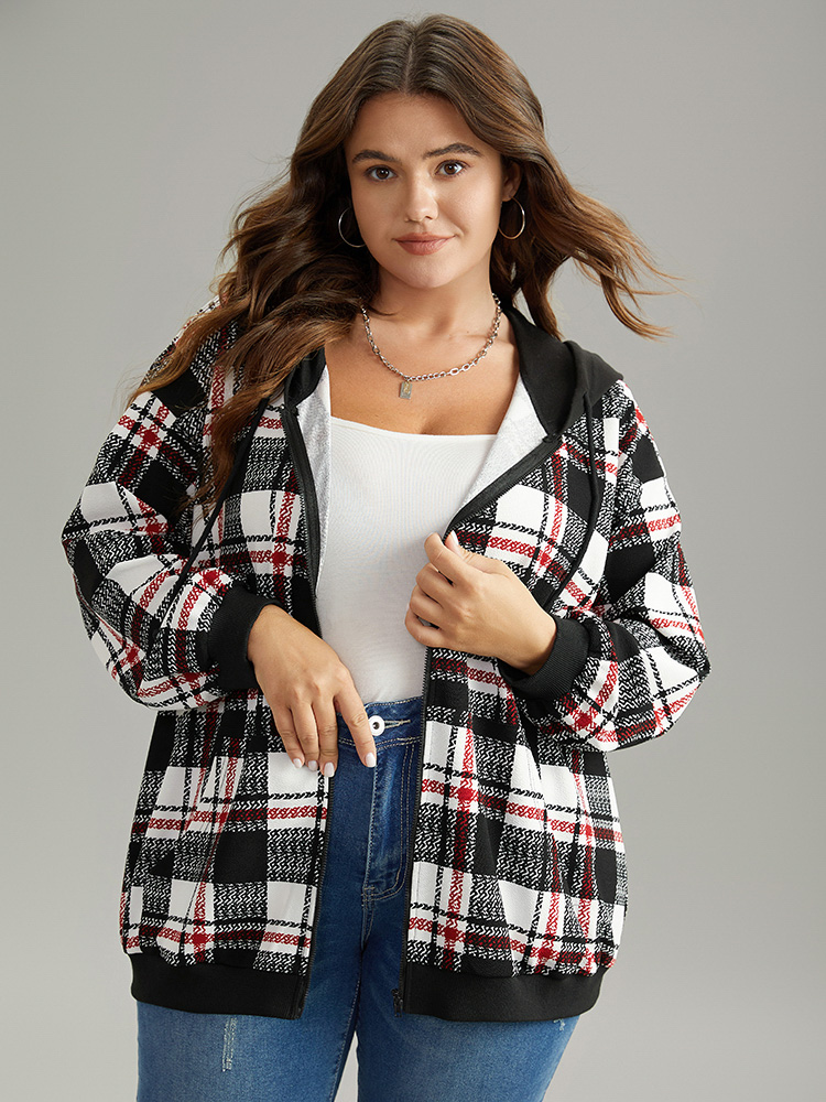 Plus Size Women Dailywear Plaid Elastic cuffs Regular Regular Sleeve Long Sleeve Hooded Pocket Casual Sweatshirts BloomChic 