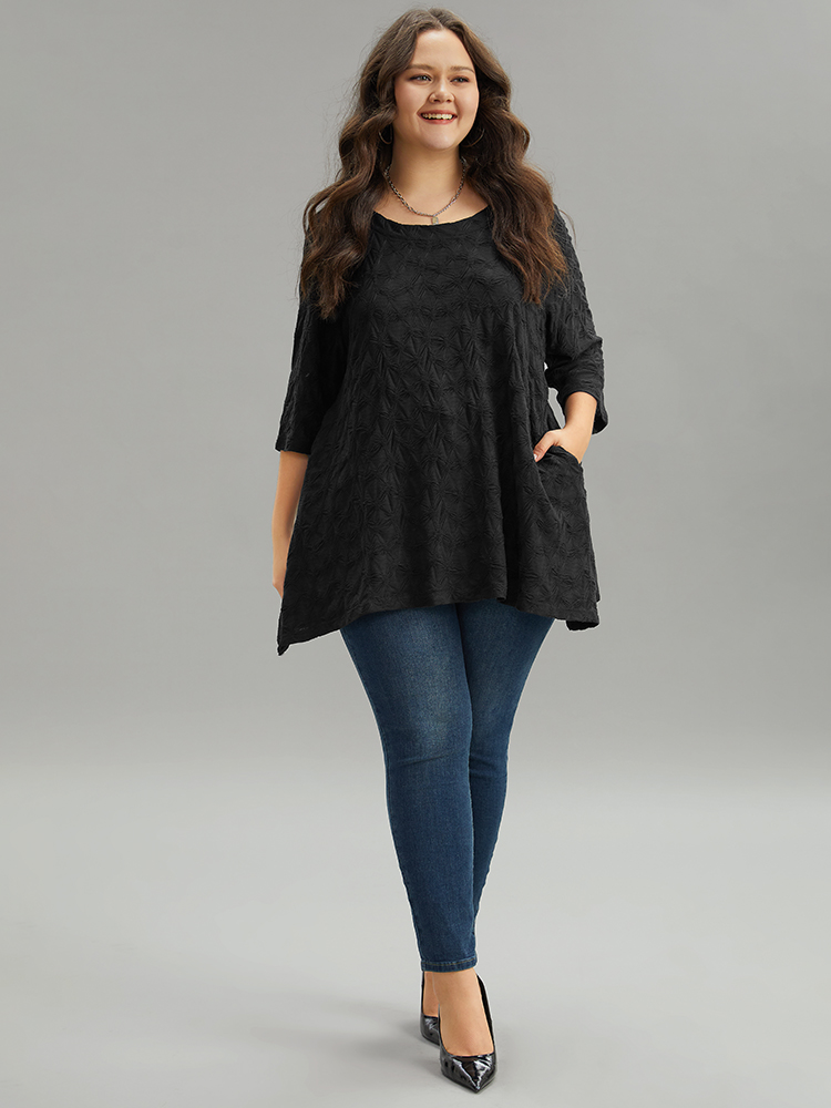 

Plus Size Plain Texture Pocket Crew Neck T-shirt Black Round Neck Elbow-length sleeve Elegant Jersey Tops