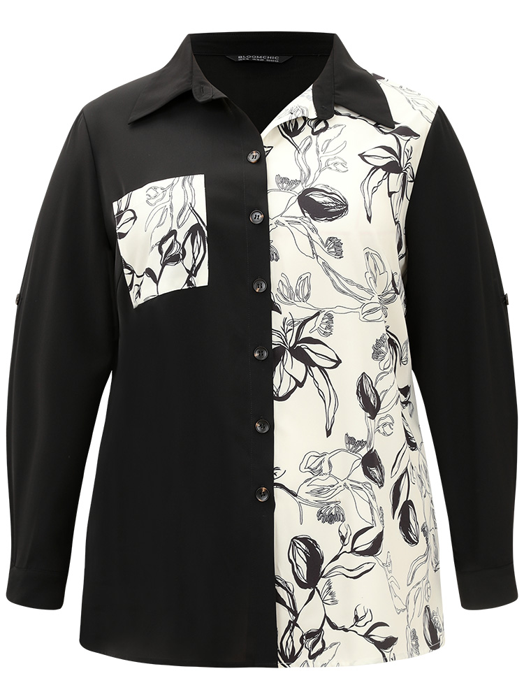 

Plus Size Black Silhouette Floral Print Twill Shirt Collar Contrast Blouse Women Office Long Sleeve Shirt collar Work Blouses BloomChic