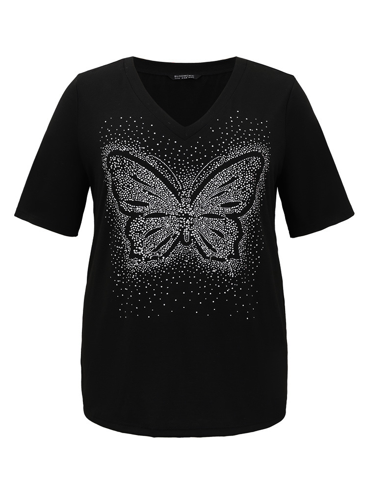 

Plus Size Butterfly Rhinestone V Neck T-shirt Black Women Elegant Rhinestone detailing Animal Dailywear T-shirts BloomChic