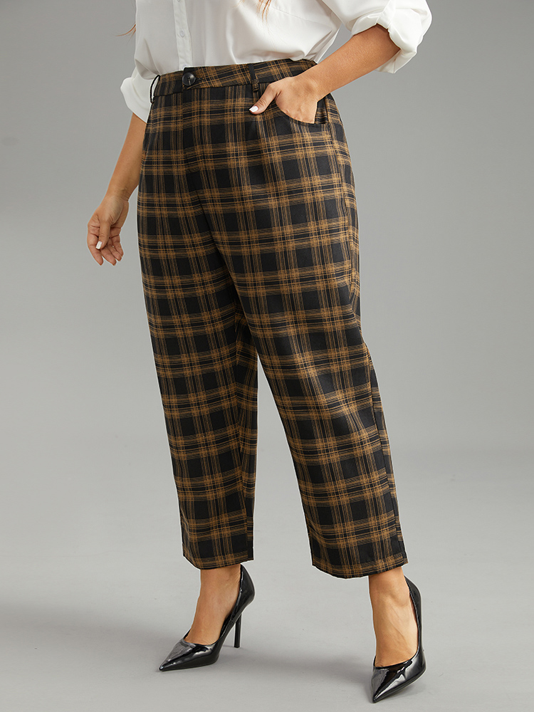 Plus Size Plaid High Rise Pocket Elastic Waist Pants Women Black Office Straight Leg High Rise Work Pants BloomChic 12/L 