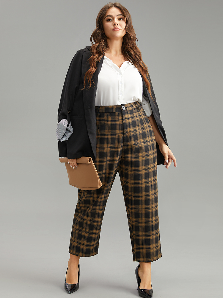 Plus Size Plaid High Rise Pocket Elastic Waist Pants Women Black Office Straight Leg High Rise Work Pants BloomChic 12/L 