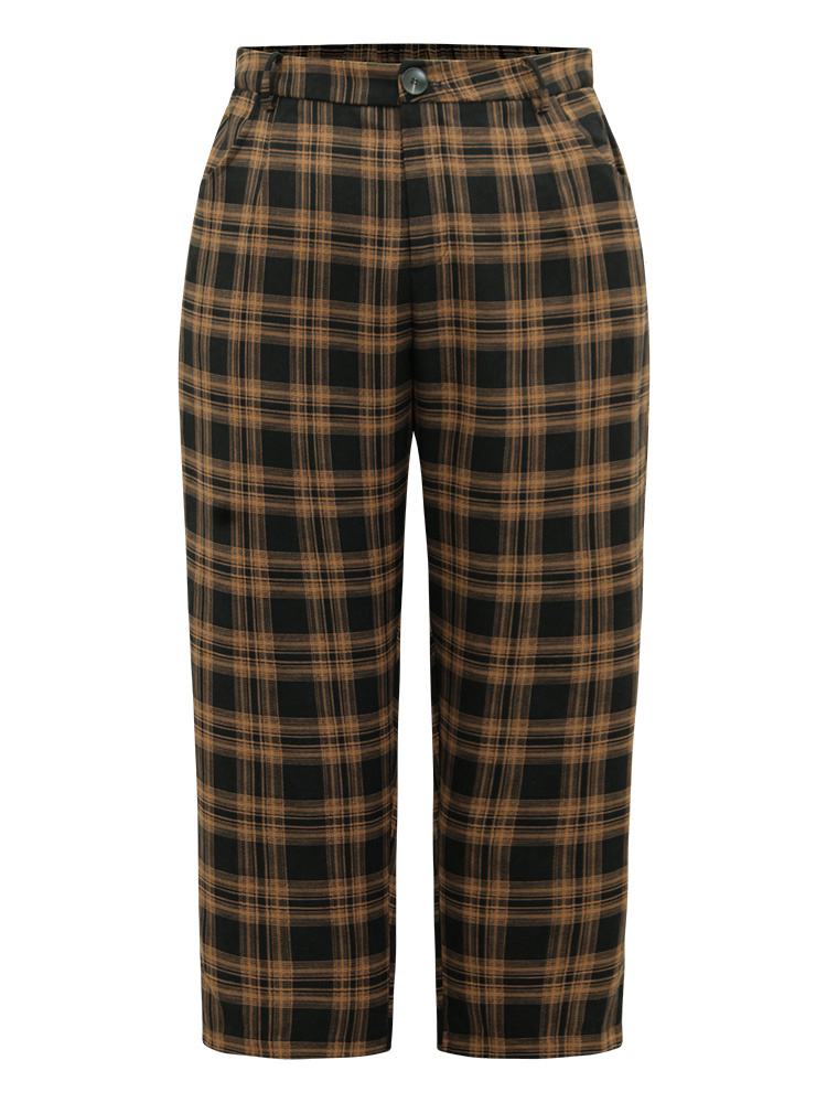 Plus Size Plaid High Rise Pocket Elastic Waist Pants Women Black Office Straight Leg High Rise Work Pants BloomChic 12/L 