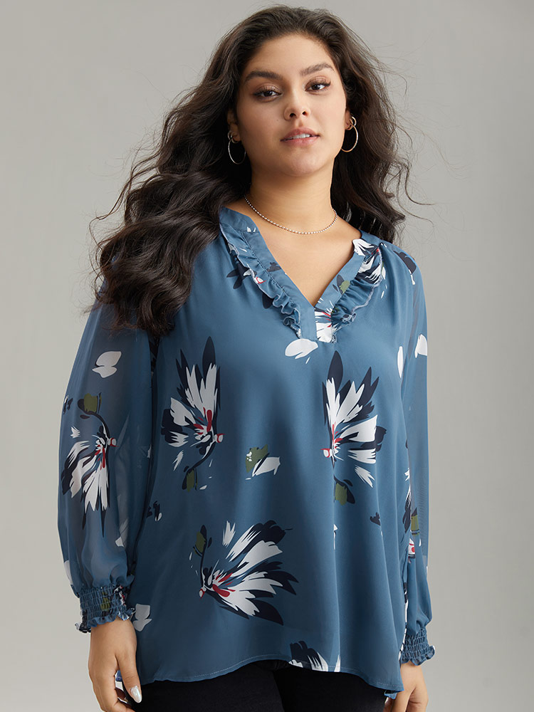 Plus Size Women Dailywear Floral Lined Raglan sleeve Long Sleeve V-neck Elegant Blouses BloomChic 