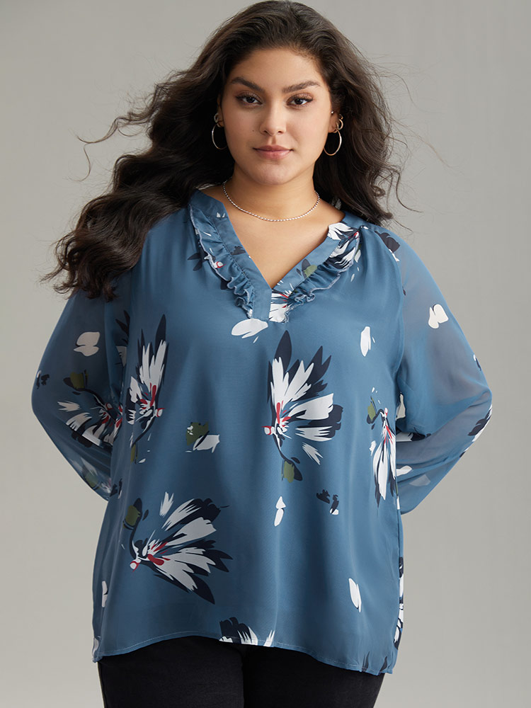 Plus Size Women Dailywear Floral Lined Raglan sleeve Long Sleeve V-neck Elegant Blouses BloomChic 