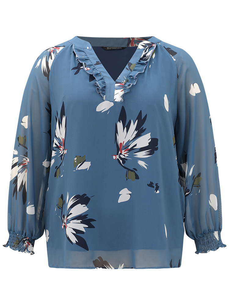 Plus Size Women Dailywear Floral Lined Raglan sleeve Long Sleeve V-neck Elegant Blouses BloomChic 