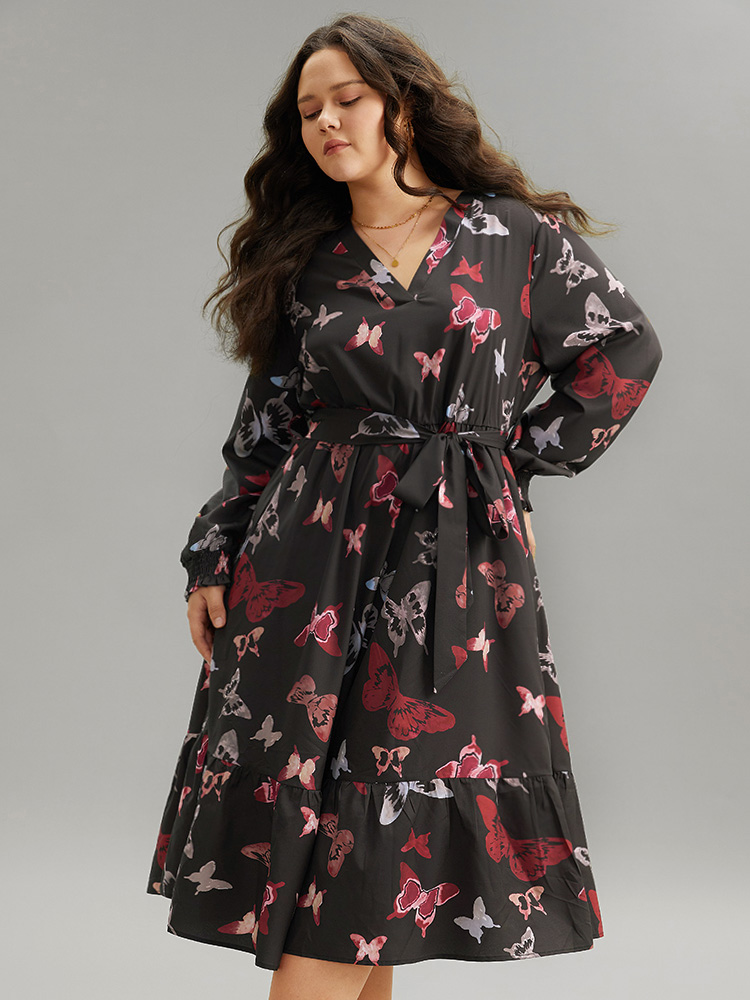 

Plus Size Butterfly Print Shirred Belted Layered Dress Black Women Elegant Belted V-neck Long Sleeve Curvy Midi Dress BloomChic