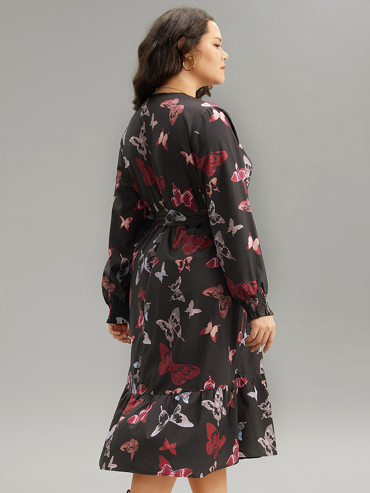 Plus Size Butterfly Print Shirred Belted Layered Dress Black Women Elegant Belted V-neck Long Sleeve Curvy Midi Dress BloomChic 12/L 