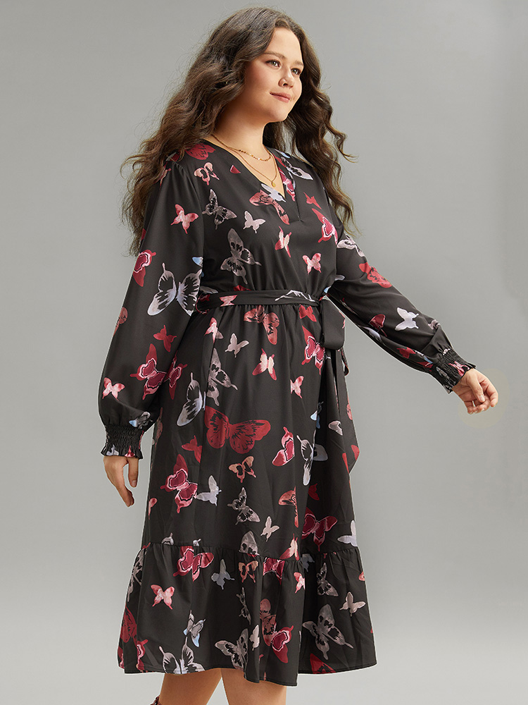 Plus Size Butterfly Print Shirred Belted Layered Dress Black Women Elegant Belted V-neck Long Sleeve Curvy Midi Dress BloomChic 12/L 