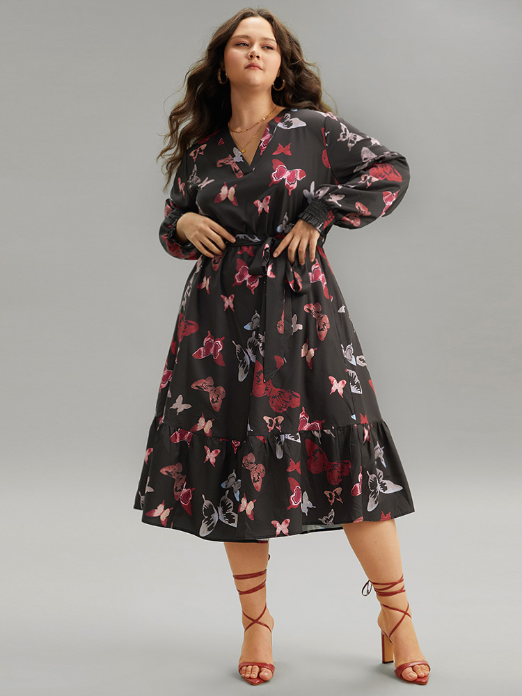 

Plus Size Butterfly Print Shirred Belted Layered Dress Black Women Elegant Belted V-neck Long Sleeve Curvy Midi Dress BloomChic