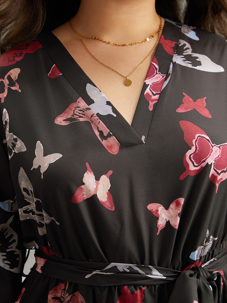 Plus Size Butterfly Print Shirred Belted Layered Dress Black Women Elegant Belted V-neck Long Sleeve Curvy Midi Dress BloomChic 12/L 
