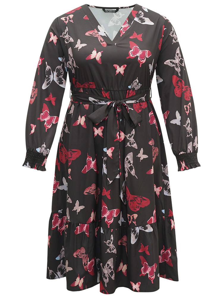 Plus Size Butterfly Print Shirred Belted Layered Dress Black Women Elegant Belted V-neck Long Sleeve Curvy Midi Dress BloomChic 12/L 