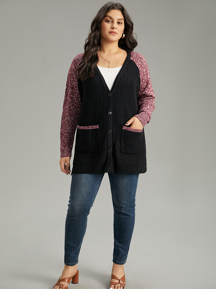 

Plus Size Heather Patchwork Raglan Sleeve Pocket Cardigan Black Women Casual Loose Long Sleeve Dailywear Cardigans BloomChic