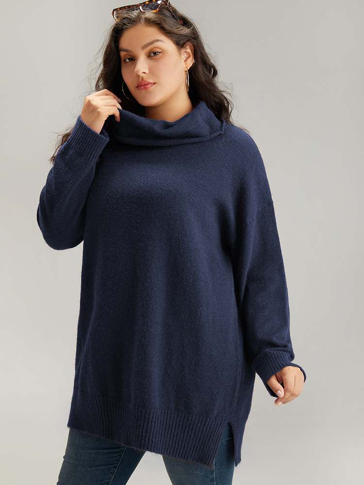 

Plus Size Anti-Pilling Split Side Turtle Neck Pullover Midnight Women Casual Loose Long Sleeve Lapel Collar Everyday Pullovers BloomChic