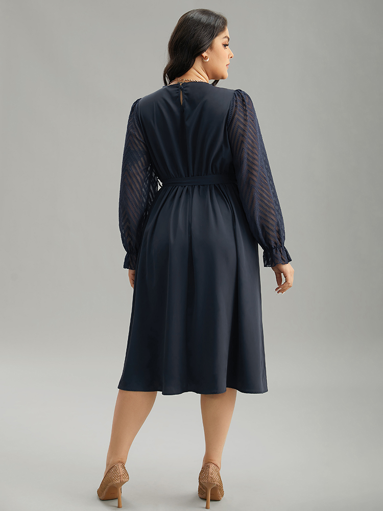 

Plus Size Twill Mesh Patchwork Belted Plicated Detail Dress DarkBlue Women Elegant Texture Mock Neck Long Sleeve Curvy Midi Dress BloomChic