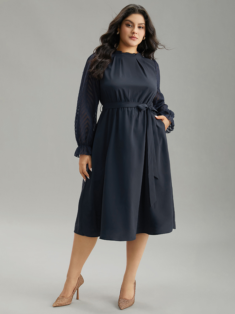 

Plus Size Twill Mesh Patchwork Belted Plicated Detail Dress DarkBlue Women Elegant Texture Mock Neck Long Sleeve Curvy Midi Dress BloomChic