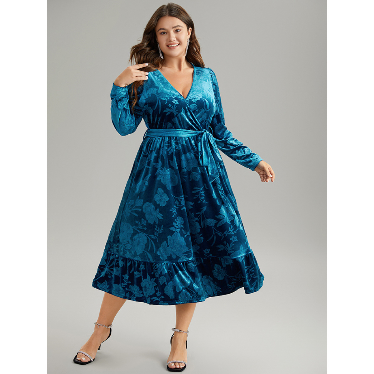 

Plus Size Velvet Silhouette Floral Print Belted Wrap Dress Blue Women Wrap Overlap Collar Long Sleeve Curvy Midi Dress BloomChic
