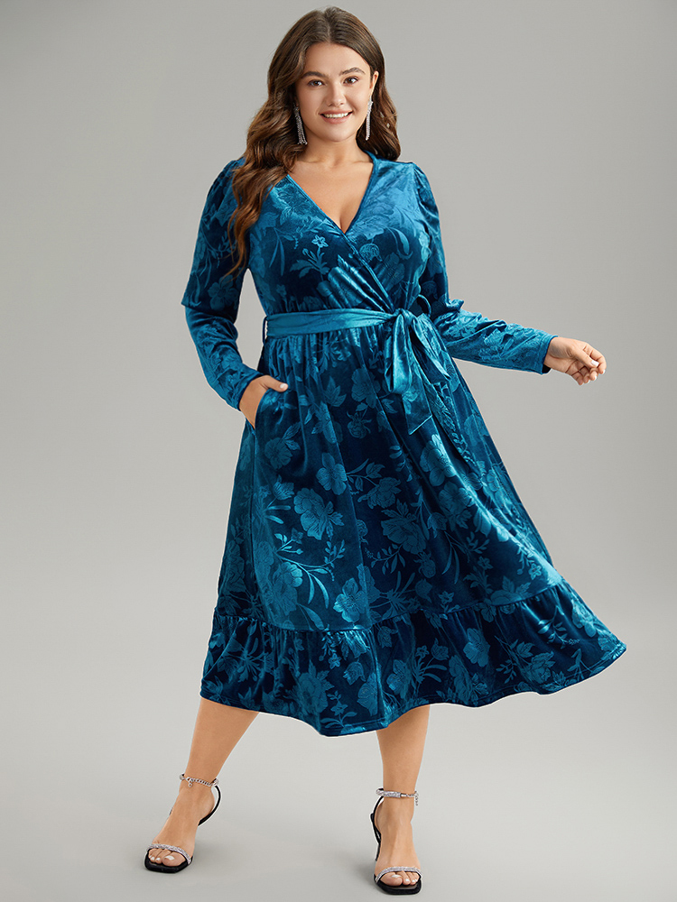 

Plus Size Velvet Silhouette Floral Print Belted Wrap Dress Blue Women Party Wrap Overlap Collar Long Sleeve Curvy Midi Dress BloomChic