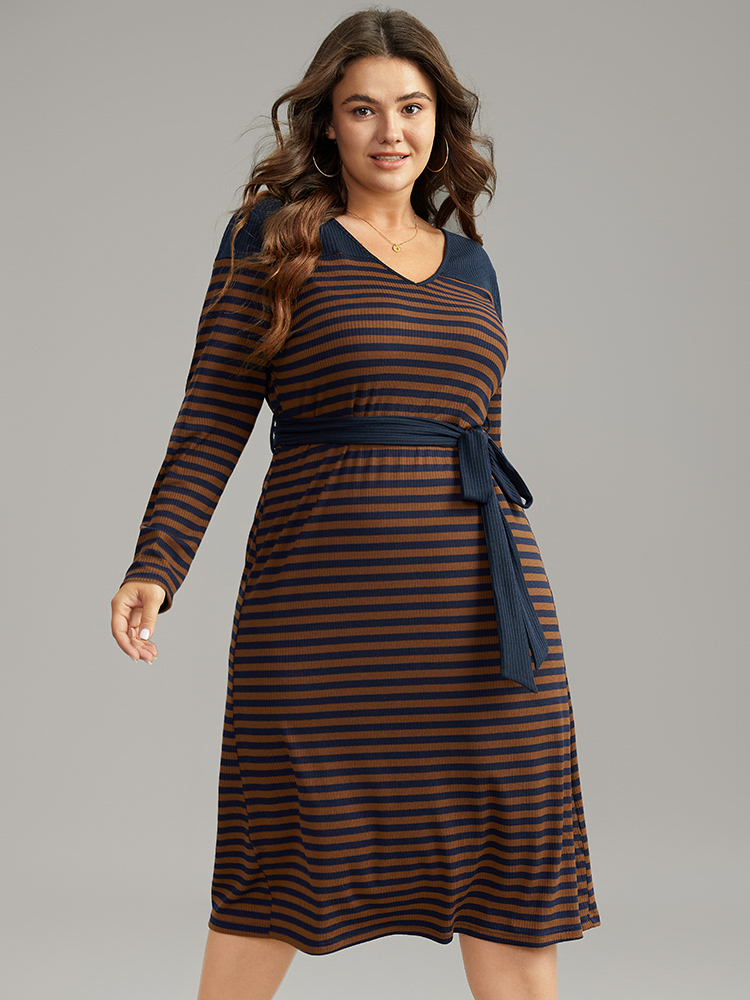 

Plus Size Rib Knit Belted Patchwork Contrast Dress DarkBrown Women Casual Belted V-neck Long Sleeve Curvy Midi Dress BloomChic