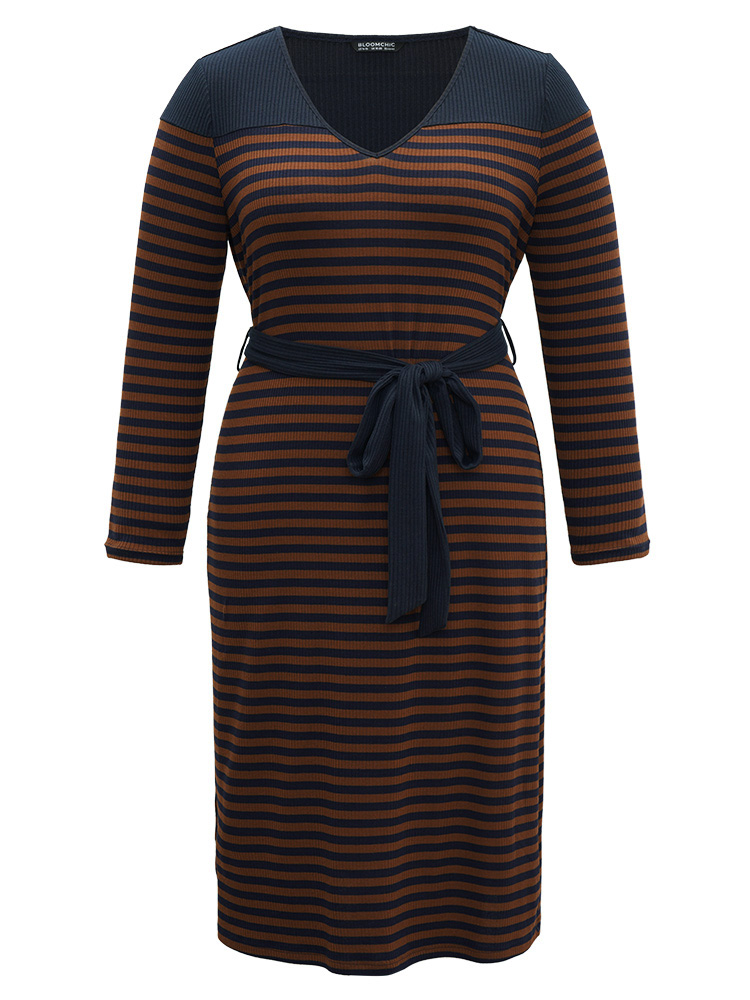 

Plus Size Rib Knit Belted Patchwork Contrast Dress DarkBrown Women Belted V-neck Long Sleeve Curvy Midi Dress BloomChic