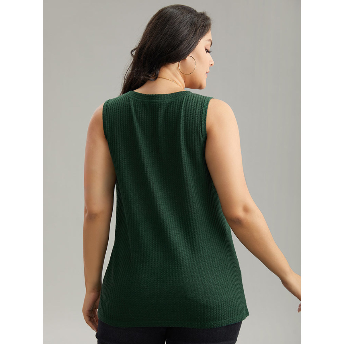 

Plus Size Waffle Knit V Neck Button Detail Cami Top Women Green Casual Waffle Knit V-neck Dailywear Tank Tops Camis BloomChic
