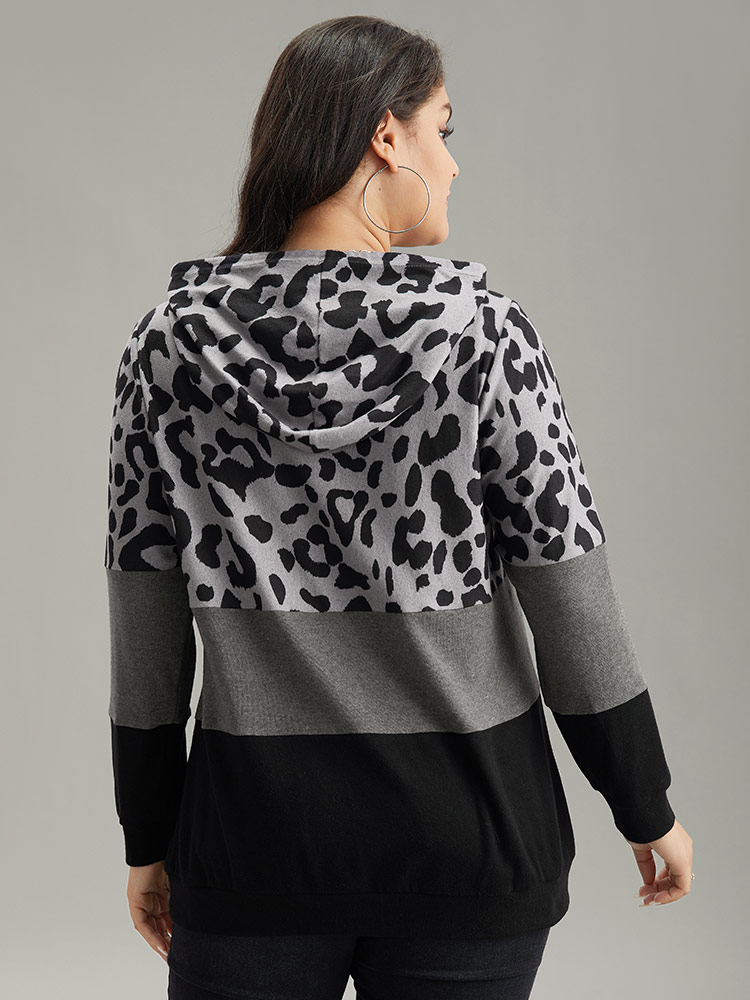 Plus Size Leopard Colorblock Contrast Hooded Drawstring Sweatshirt Women Black Casual Contrast Hooded Dailywear Sweatshirts BloomChic 14-16/1X 